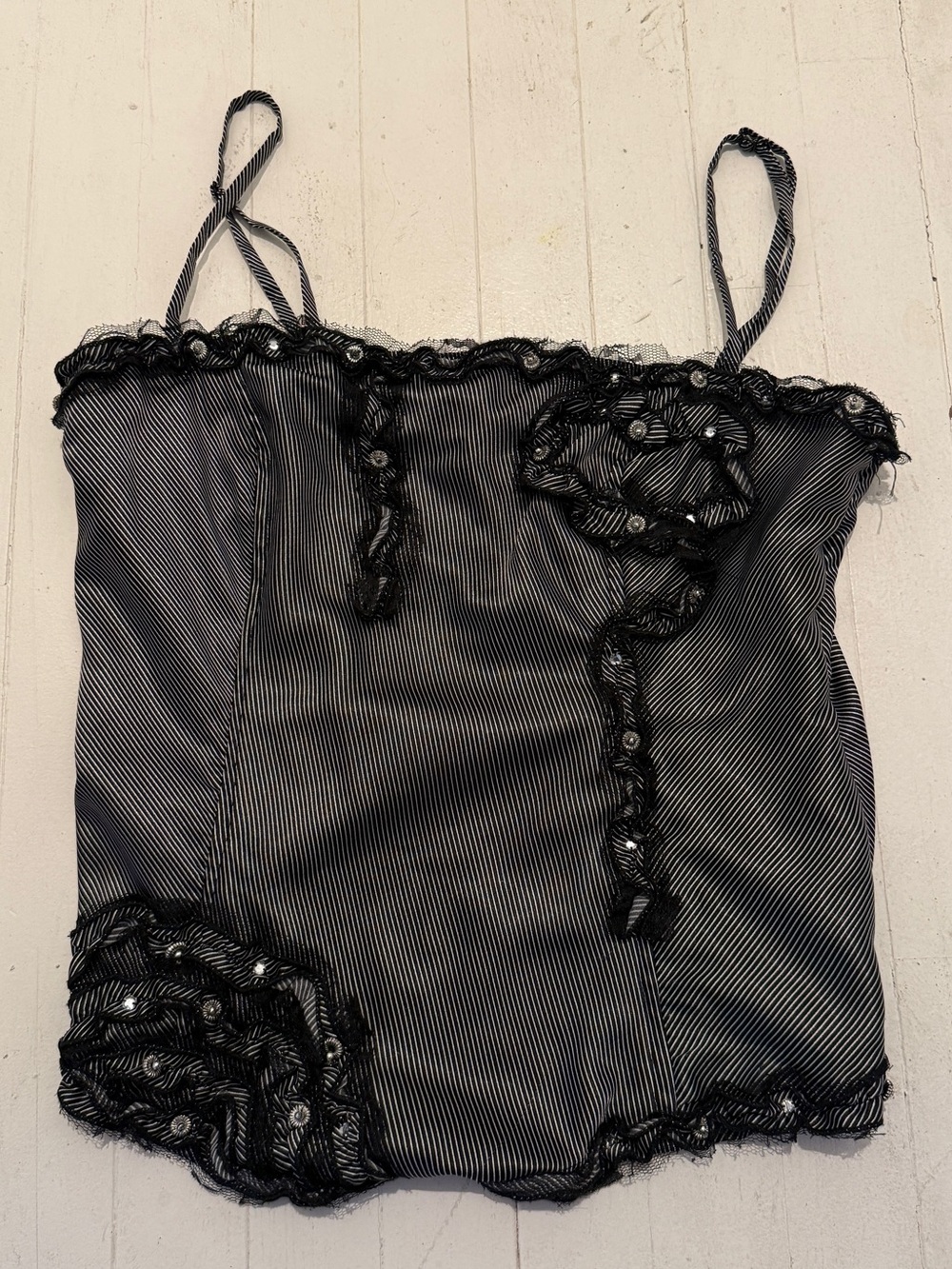 Vintage Pinstripe Lace Corset Tank Top